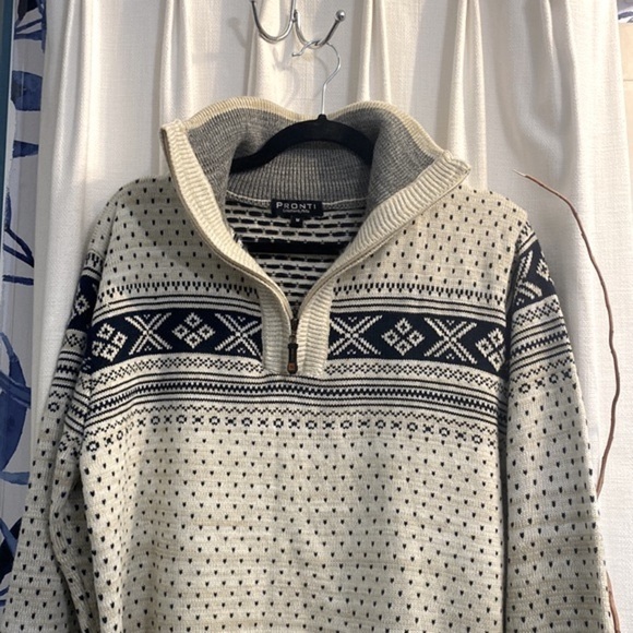 Men’s Pronti Collection by Phita Cream & Blue Quarter Zip Pullover Sweater M - Picture 2 of 6